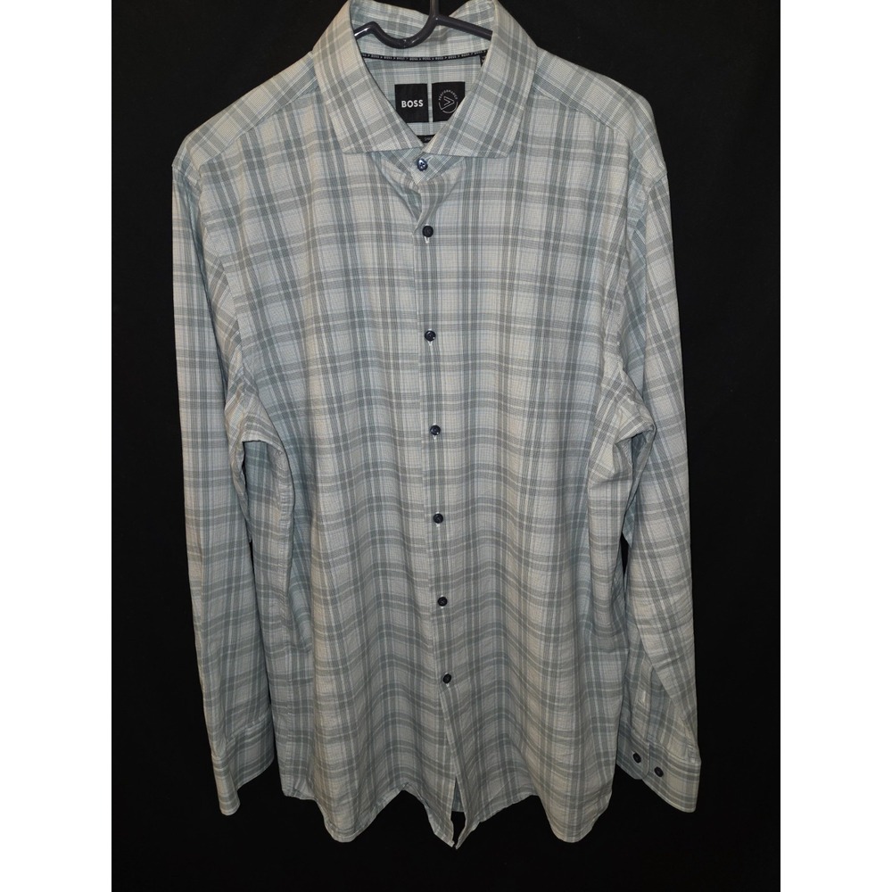 Hugo Boss Performance Shirt Men Extra Large 17 1/2 x34/35 Geometric Stretch Blue